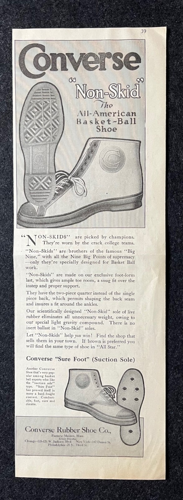 1920 CONVERSE SHOES Genuine ANTIQUE Print Ad 15.5" x 5.5" Athletic Basketball