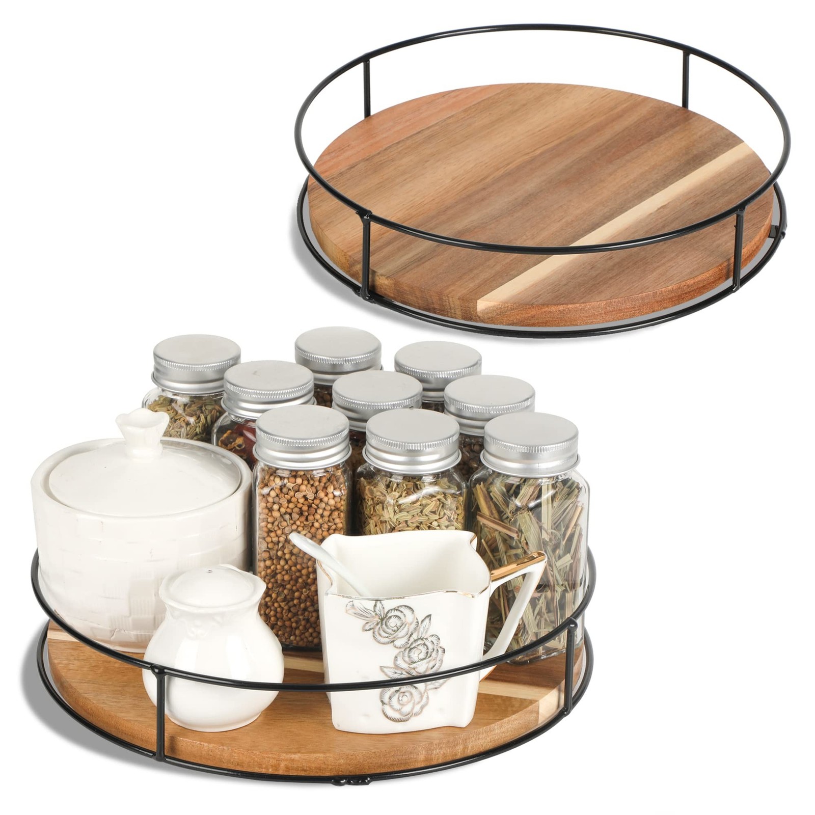[ 2 Pack ] 9" & 10" Acacia Wood Lazy Susan Organizers with Steel Sides 9" & 10"
