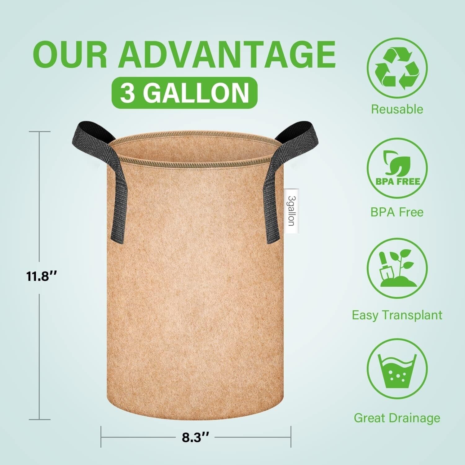 5-Pack 3 Gallon Plant Grow Bags Thickened Nonwoven Aeration Fabric Pots Heavy D.