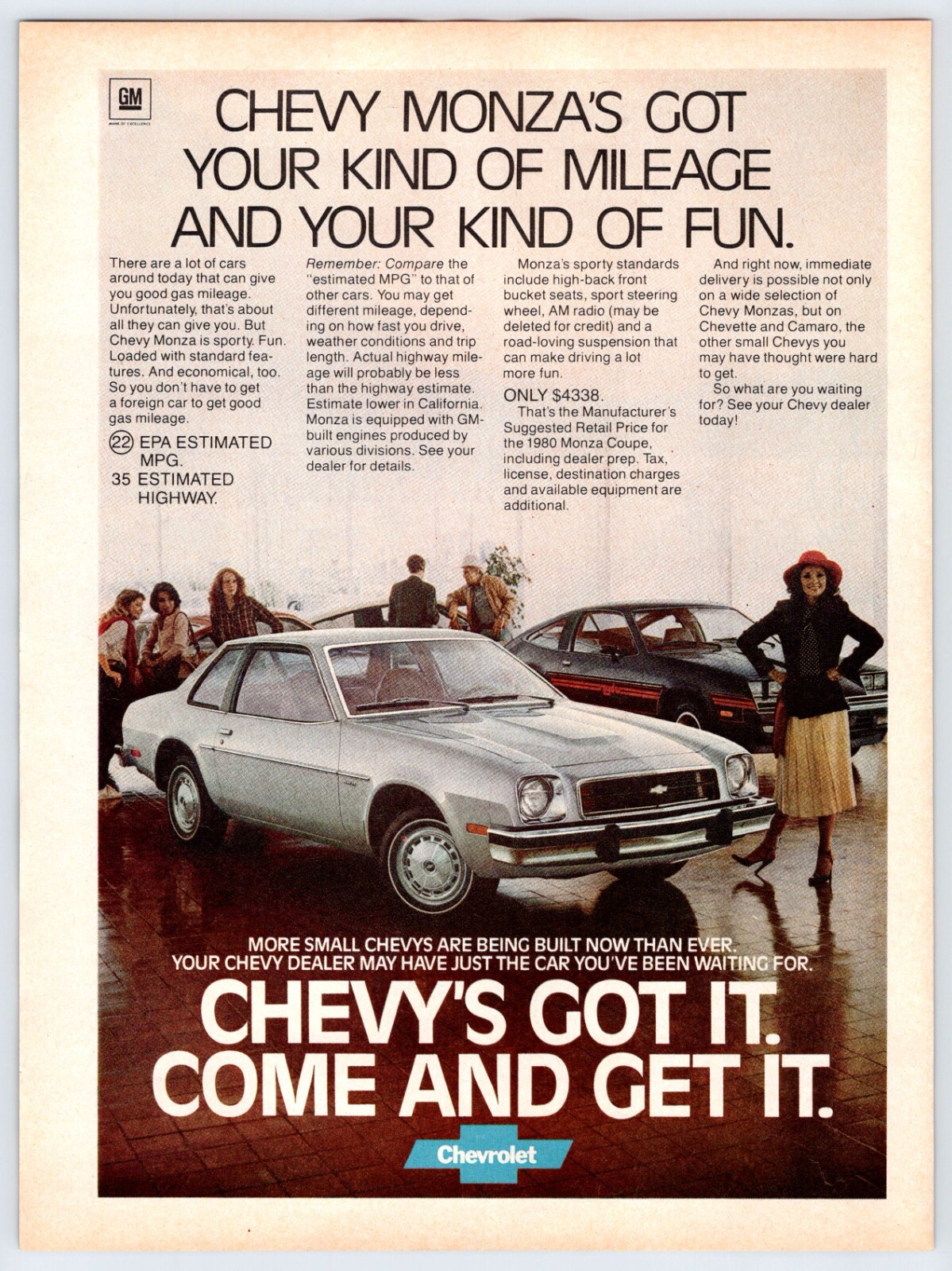 1980 CHEVROLET MONZA CAR AUTOMOBILE Vintage 8"X11" Magazine Ad 1980's CF10