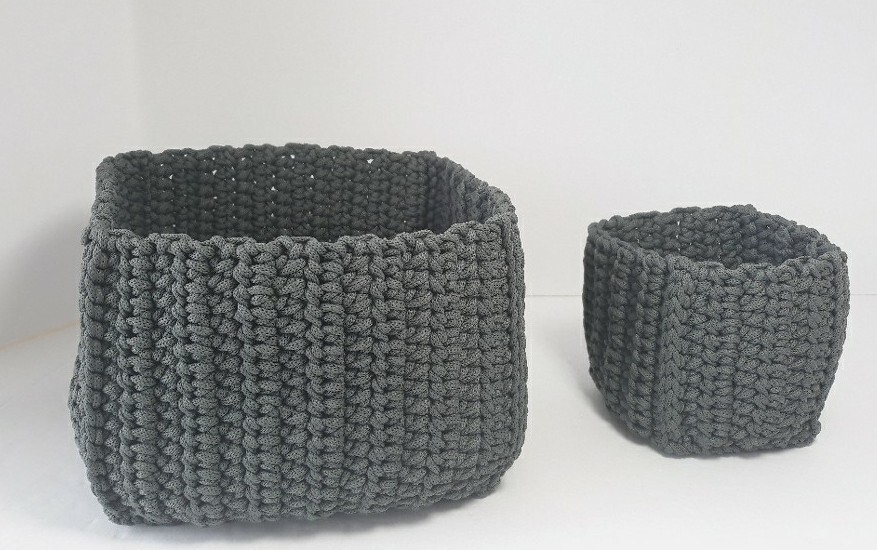 Crocheted Basket Storage Lot Of 2 Blue Gray Decorator Stylish Chic 4 And 9 Inch
