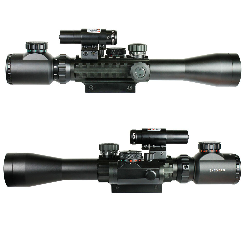 3-9X40 illuminated Rifle Scope + Red Laser Sight + Dot Sight with Rail Riser