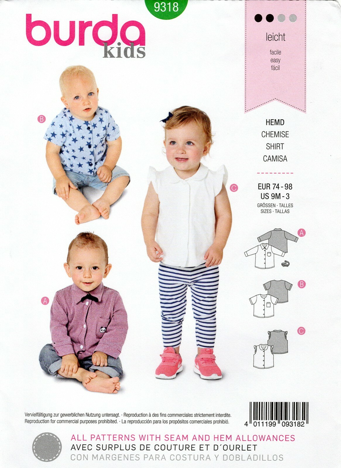 Burda 9318 Baby's Button Down Shirt w Bow Tie, Ruffle Sleeves Sz 9M-3 UNCUT