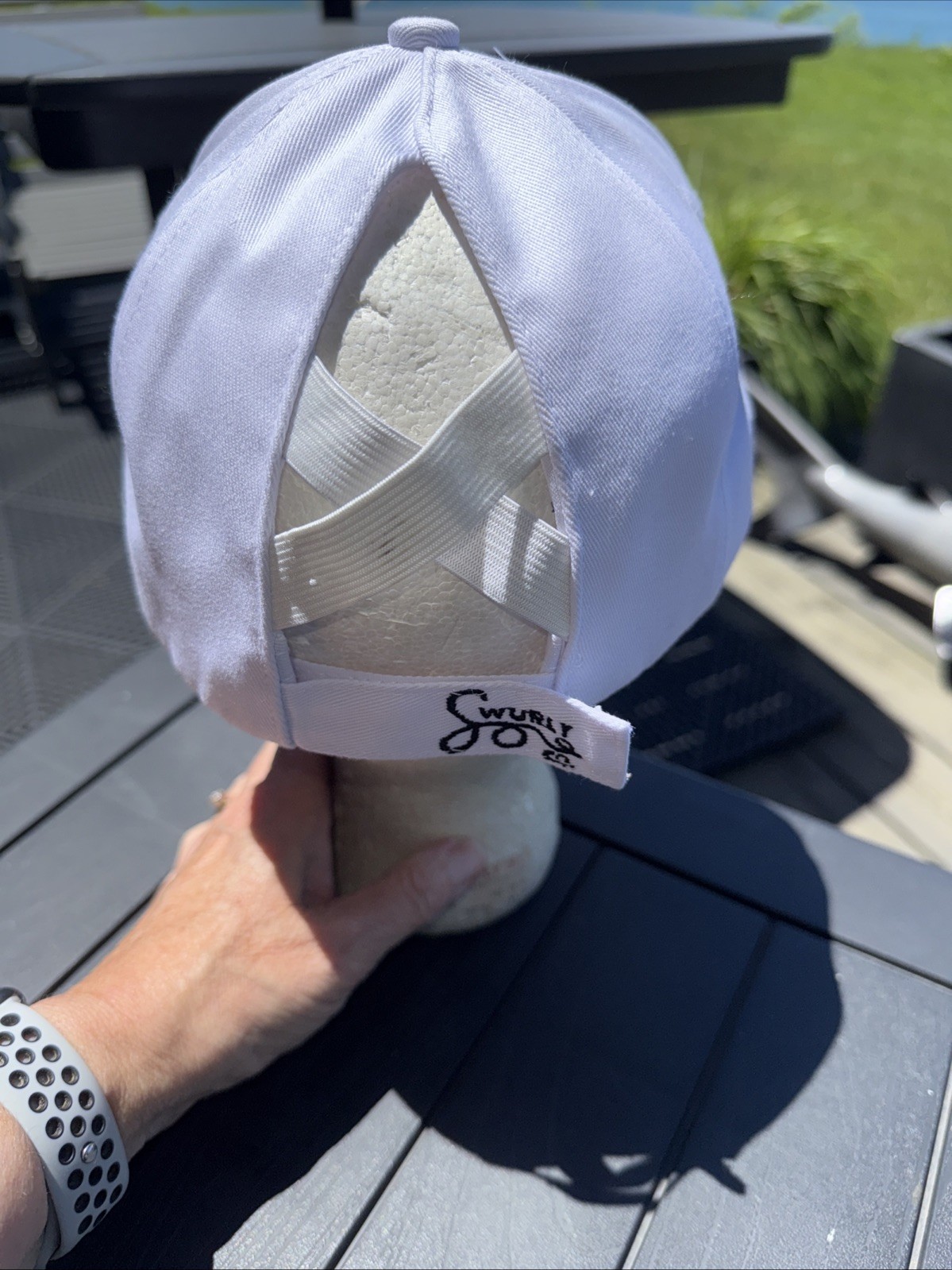 Swurly Co Black Logo on Silk Lined Baseball Hat Cap White Pony Tail Opening EUC