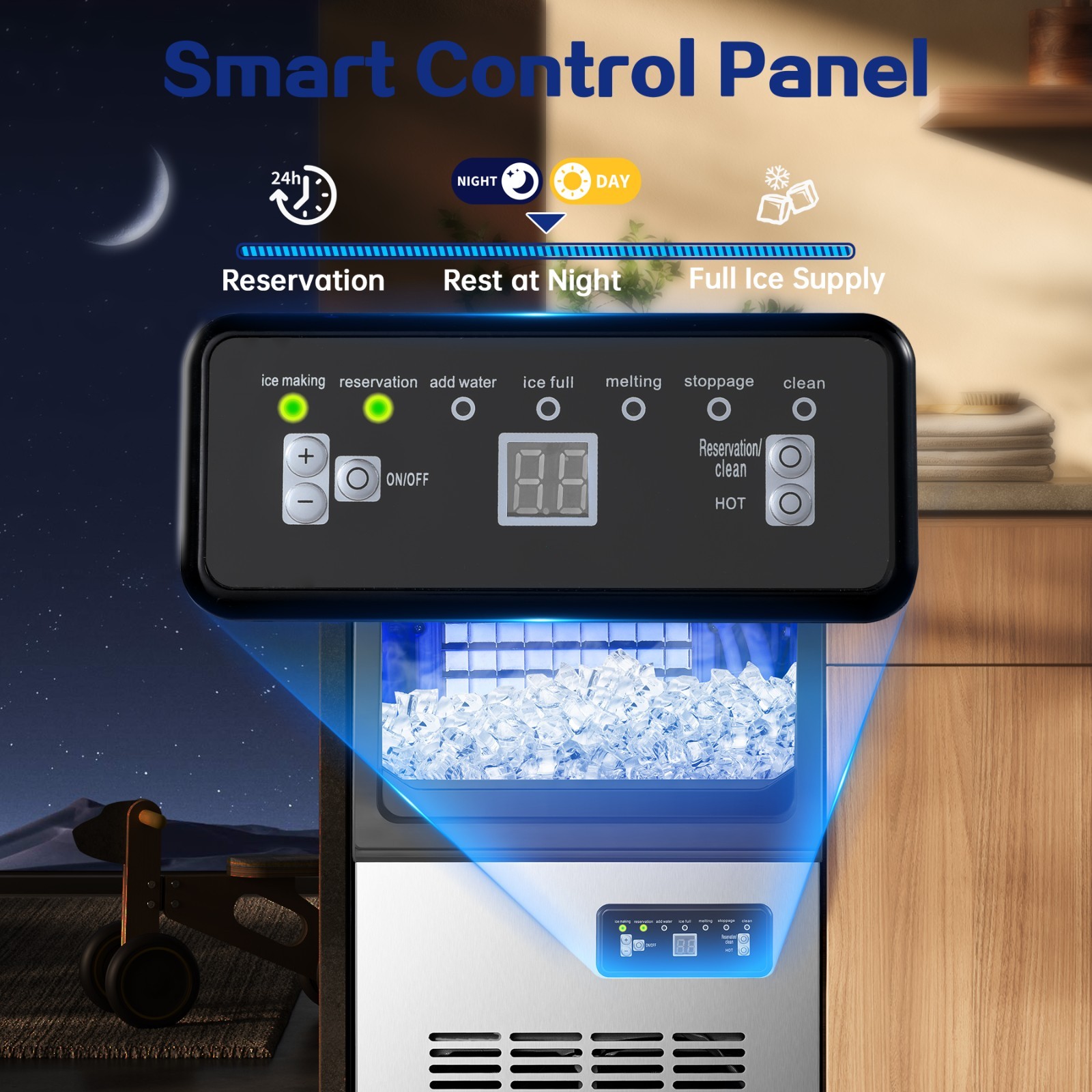 Commercial Ice Machine 90lbs Daliy18lbs Storage Stainless Steel Control Panel