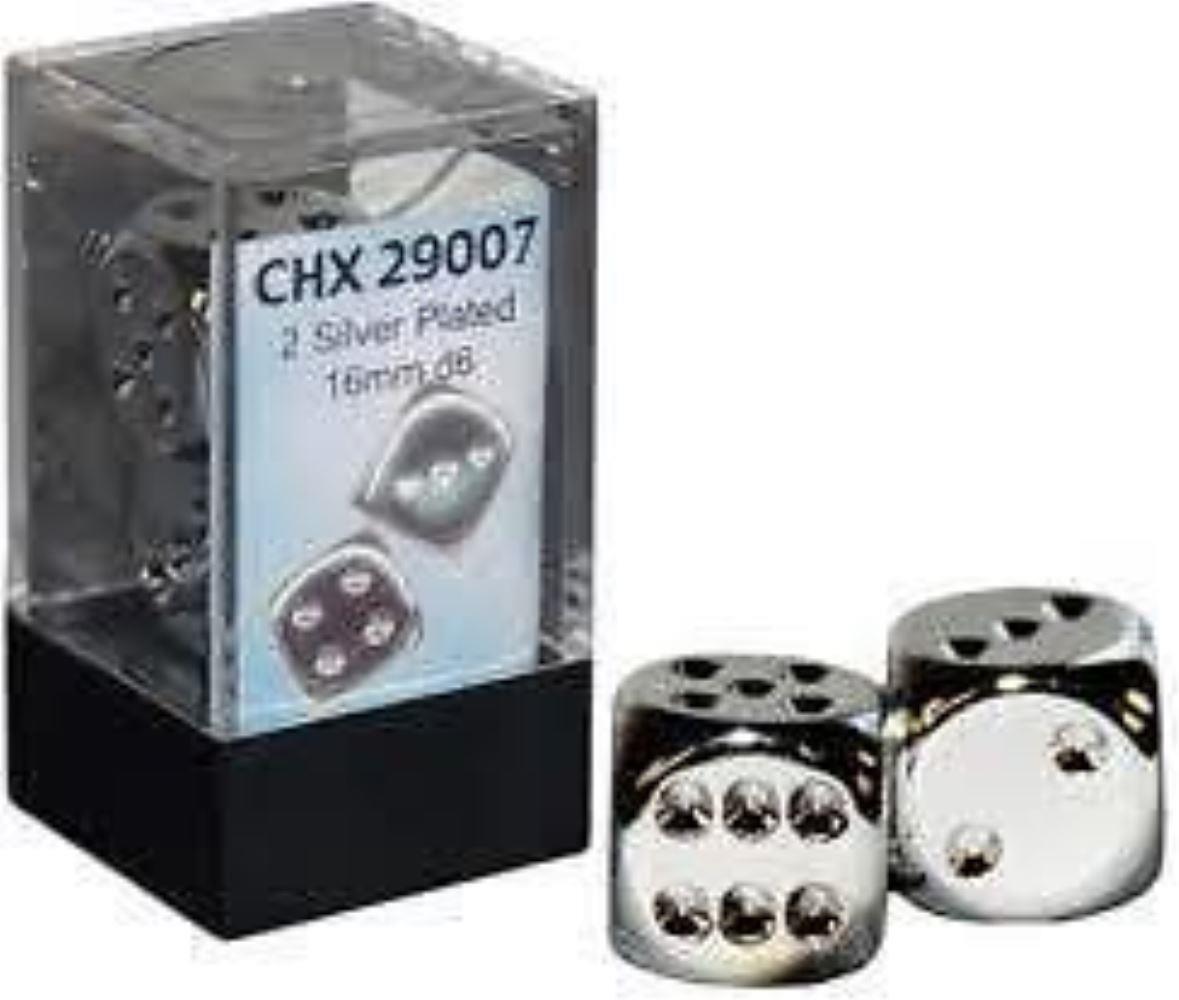Chessex Dice d6 Set 16mm Silver Plated 2 Die Six Sided CHX 29007
