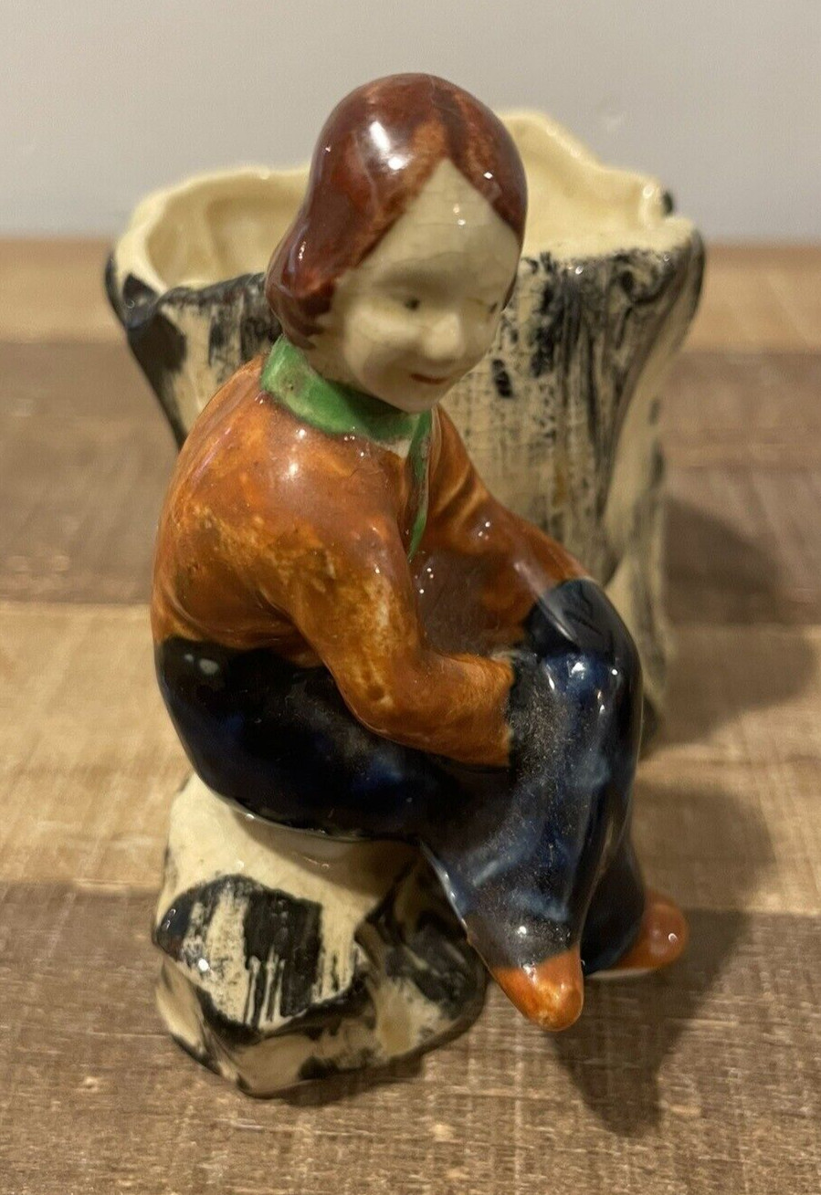 Japan Ceramic, Girl Sitting by Stump Planter Pot, Garden Flower, Foliage, Cactus