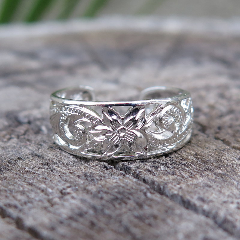 Hawaii Jewelry Sterling 925K Silver Plumeria Flower Scroll Toe Ring 8mm TR1081