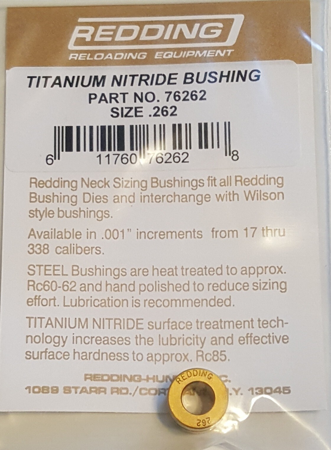 76262 REDDING TITANIUM NITRIDE .262 NECK SIZE BUSHING - BRAND NEW - FREE SHIP