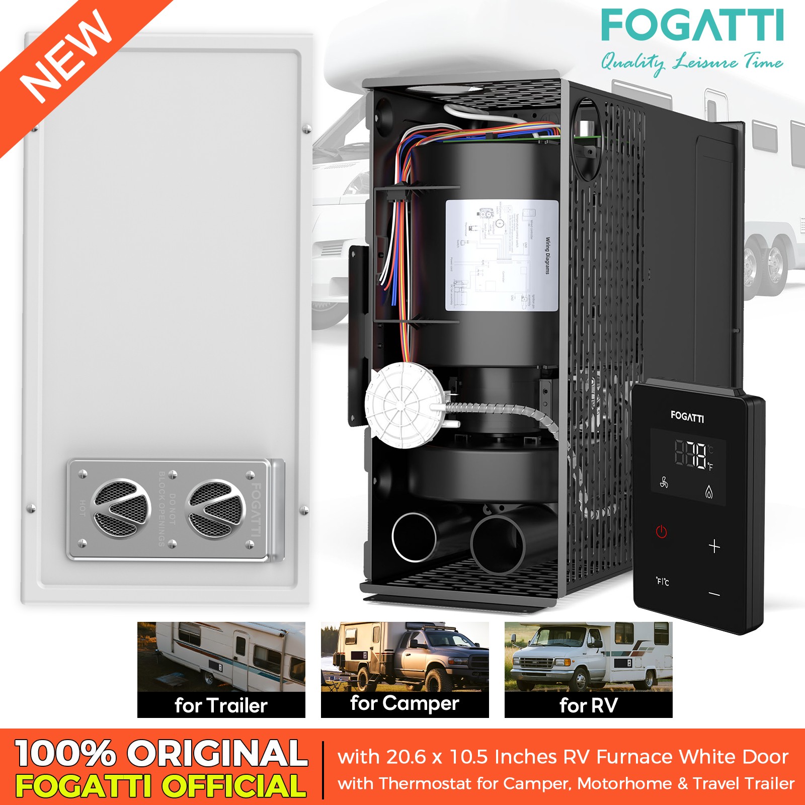 FOGATTI RV Furnace Heater 30,000 BTU w/ White Door for Camper Motorhome Trailer