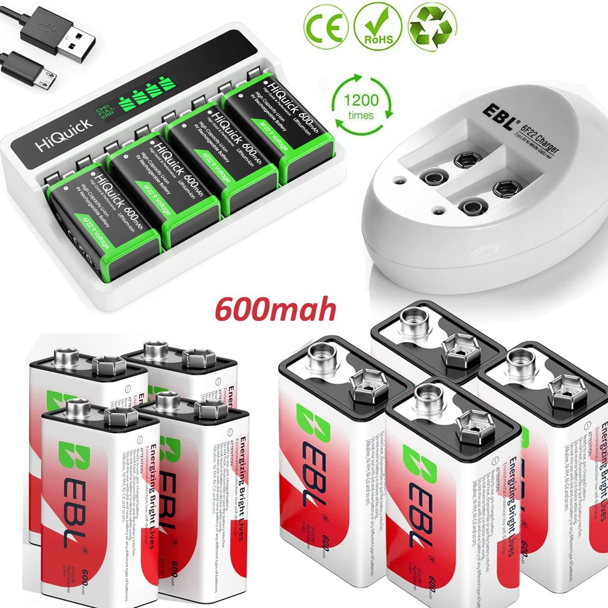 EBL 9 volt Lithium Li-Ion Rechargeable Battery / 9V Ni-MH battery / Charger Lot