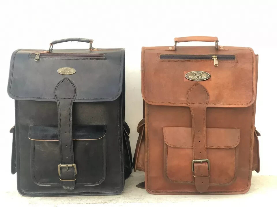 Men's Brown/Black Leather Bag Backpack Laptop Rucksack Vintage Laptop Travel