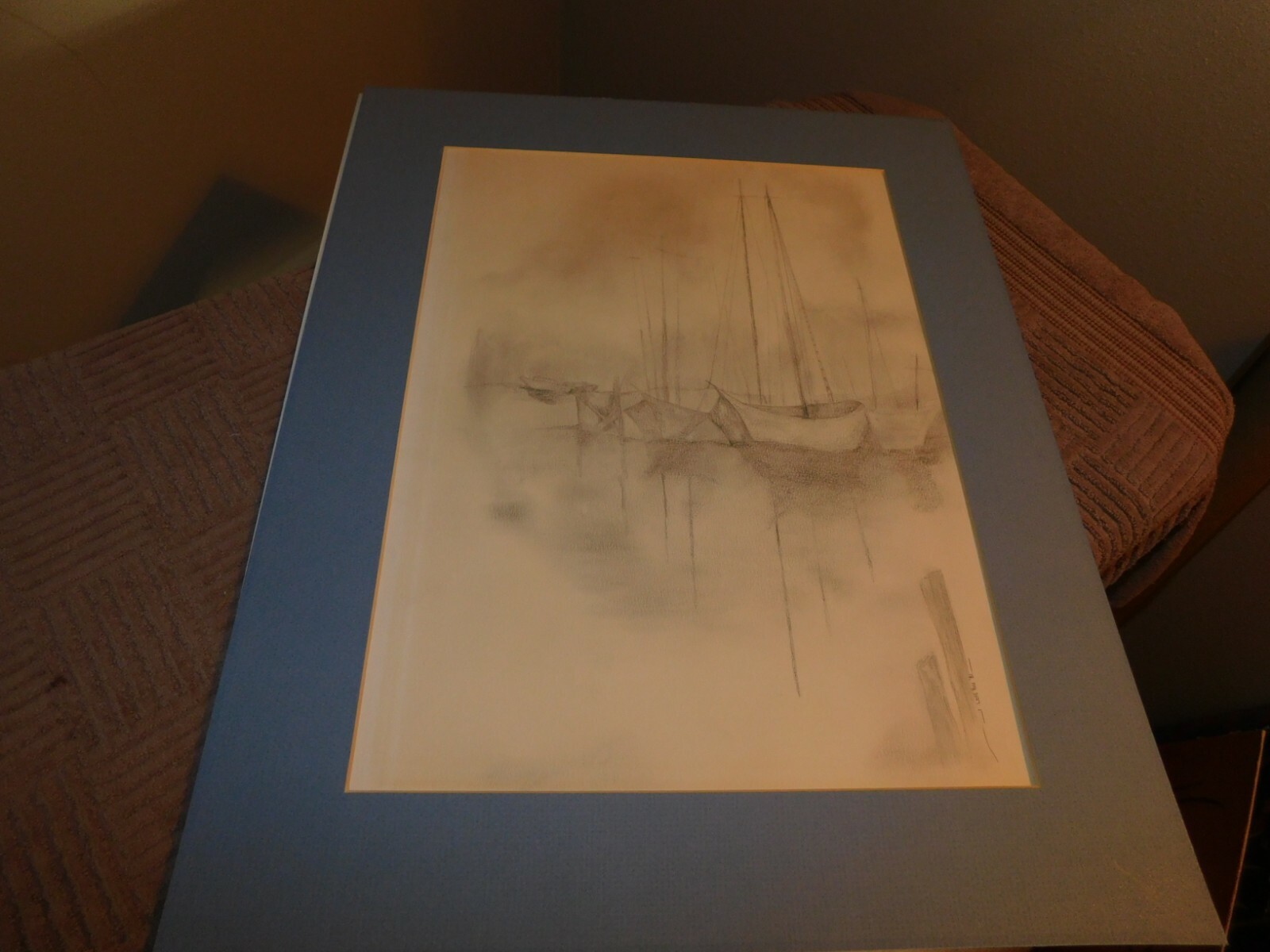 Docked Sailboats Original Pencil Drawing 12 x 18 Inches Signed I Love You '81