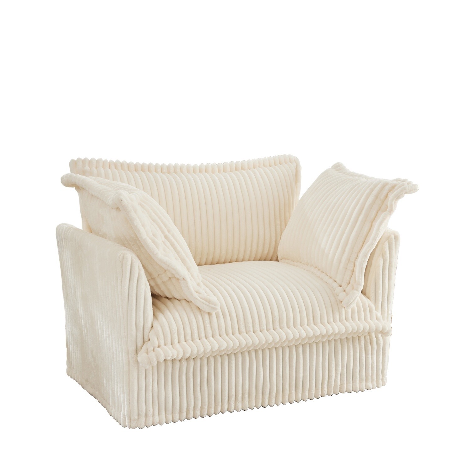 Single Sofa Corduroy Upholstered Armchair Living Room Furniture w/ Pillows Cream