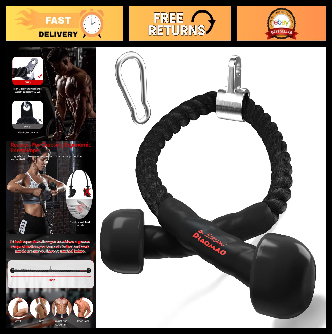 Upgraded 35" Tricep Rope with Rubber Handles, Non-Slip Cable Attachment for Gym