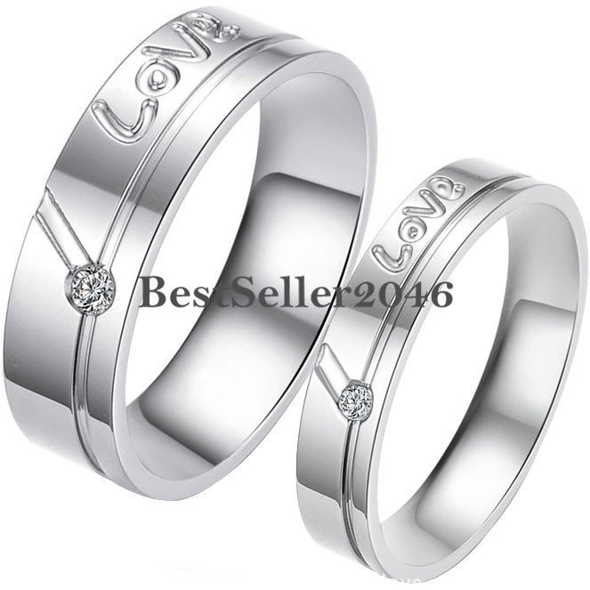 Silver Stainless Steel " Love " Engraved Promise Ring Engagement Wedding Band