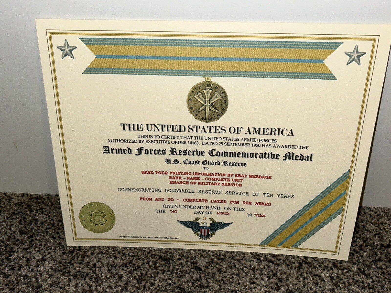ARMED FORCES COAST GUARD RESERVE COMMEMORATIVE CERTIFICATE ~ W/PRINTING TYPE-1