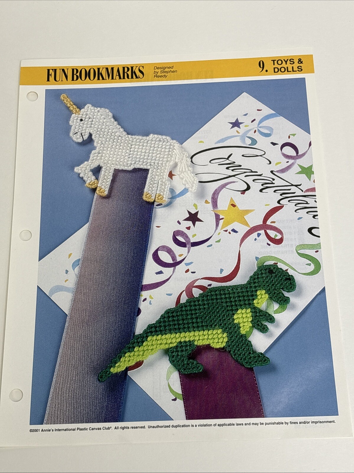 Fun Bookmarks Unicorn & Dinosaur Annie's Attic Plastic Canvas Pattern Page