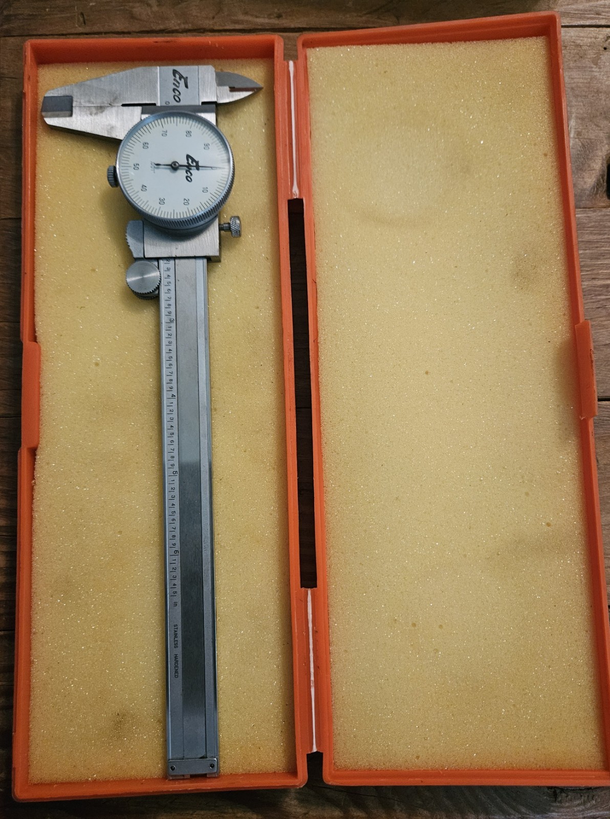 VINTAGE ENCO 6" DIAL CALIPER W/ CASE STAINLESS HARDENED