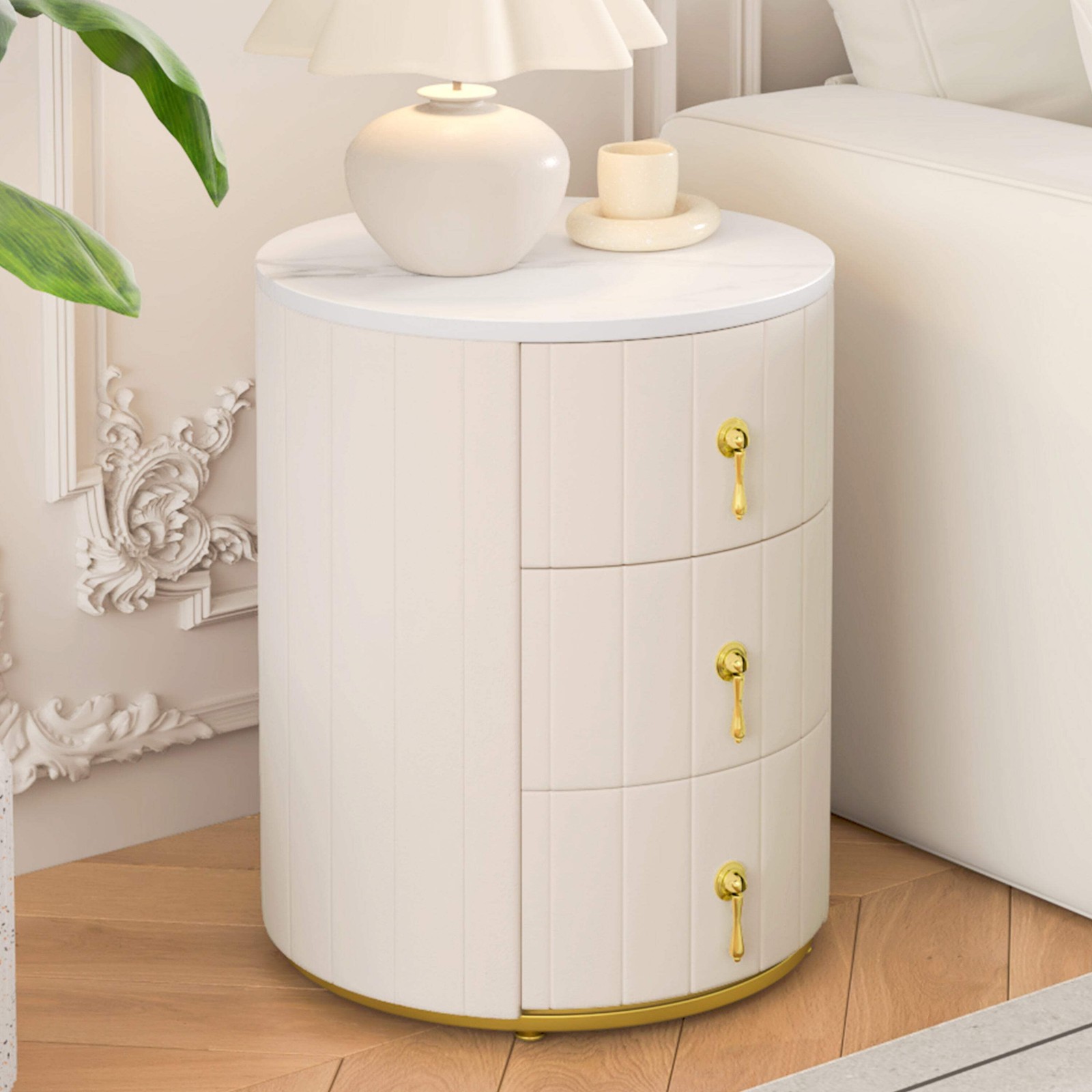 HOMY CASA Sundra Round Upholstered Nightstand with 3 Drawers