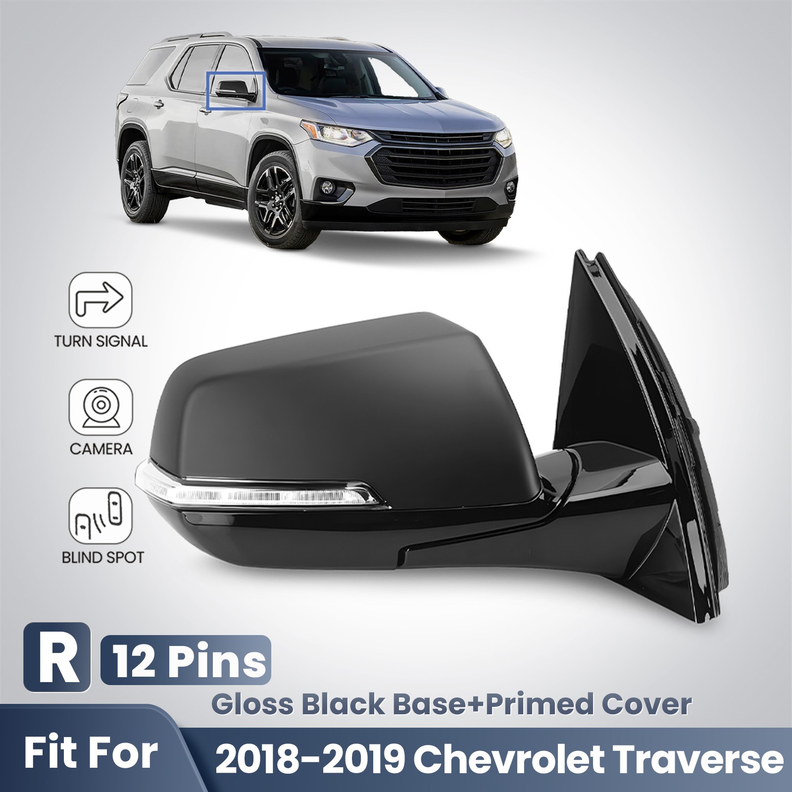 Side Mirror For 2018-2019 Chevy Traverse W/BSD &Camera W/Turn Signal 12Pin Right