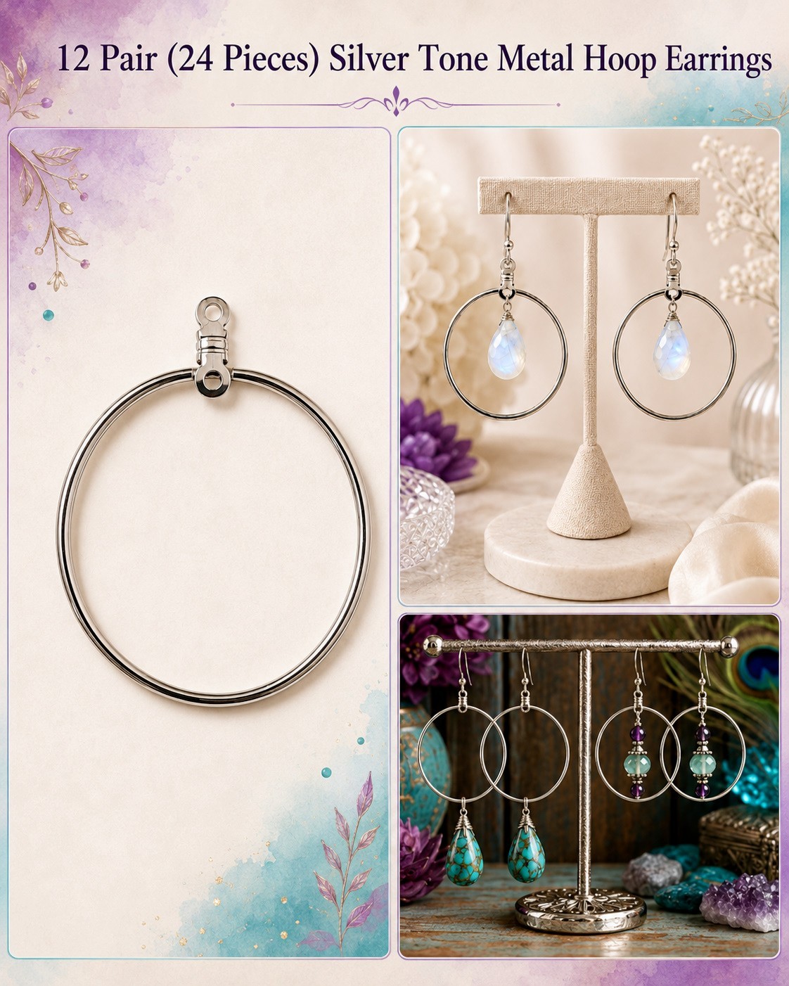 12 Pair Silver Hoop Earrings DIY Craft Jewelry Findings Hardware 32mm 1-1/4"