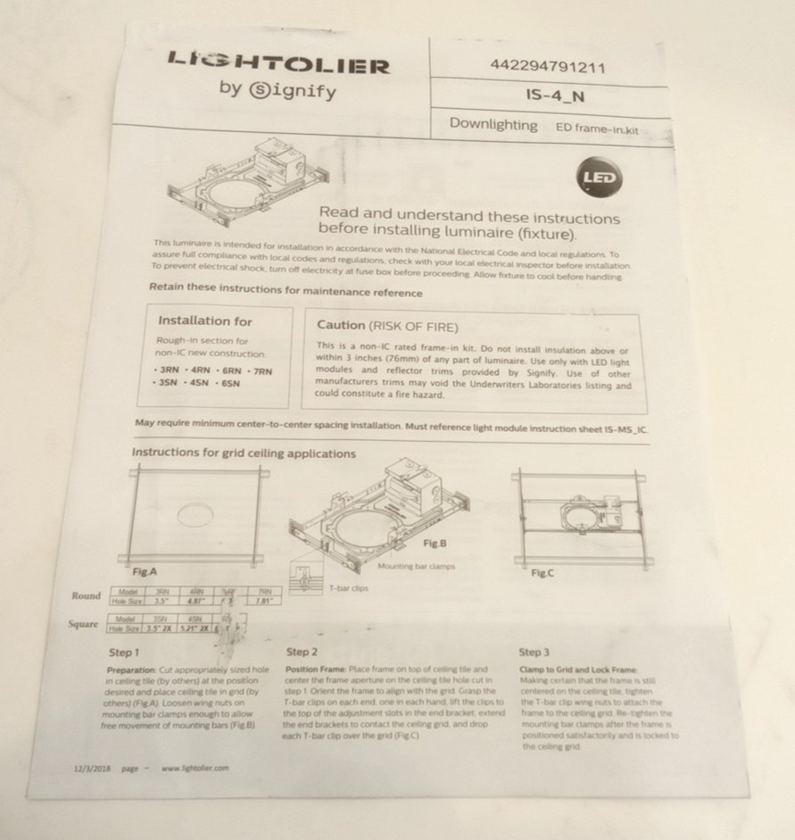 Philips 4RN Lightolier 4" LED Downlighting Frame-In Kit Round New Const. Non-IC
