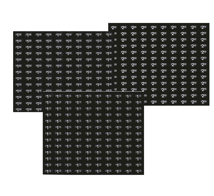 (390) price stickers for Black vending  LABELS - 3/4" X 9/16", $1.50,$1.75, $2