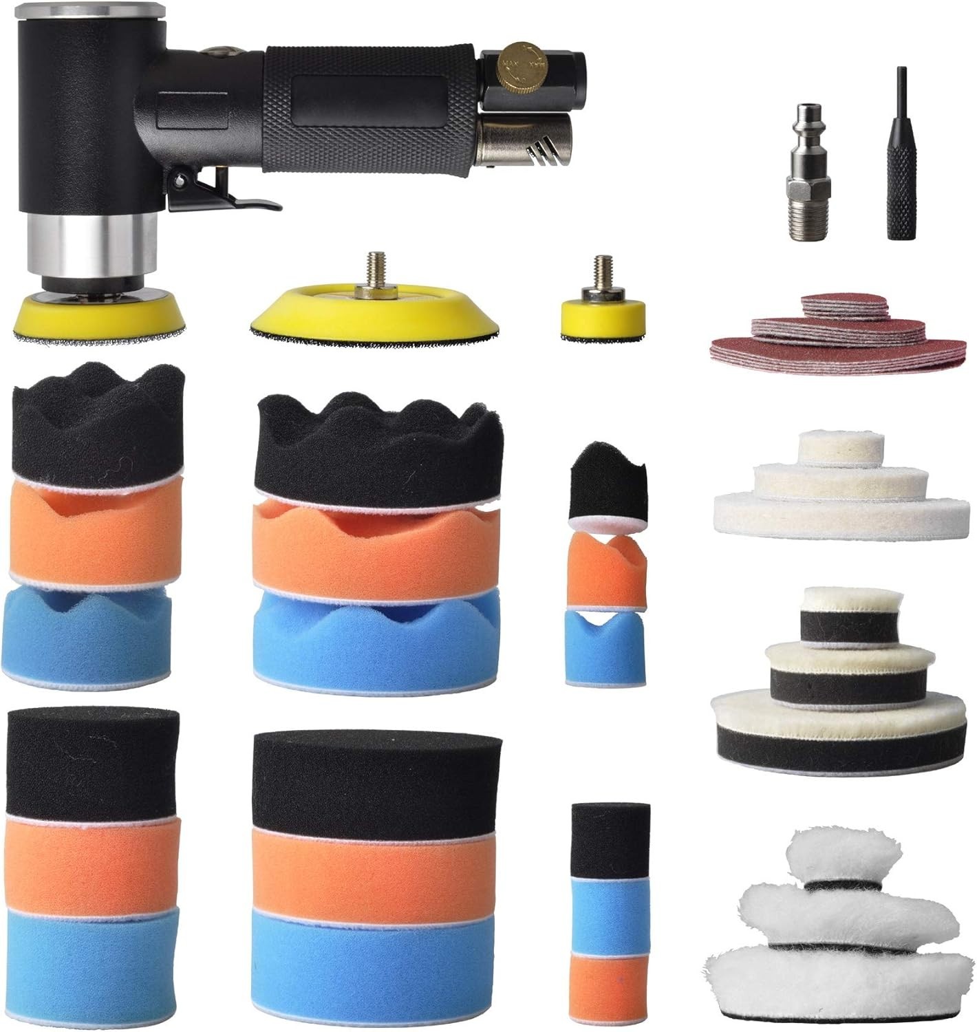 48 Pcs Mini Air Sander Polisher Kit - 1" 2" 3" Orbital Sander with Pads & Paper