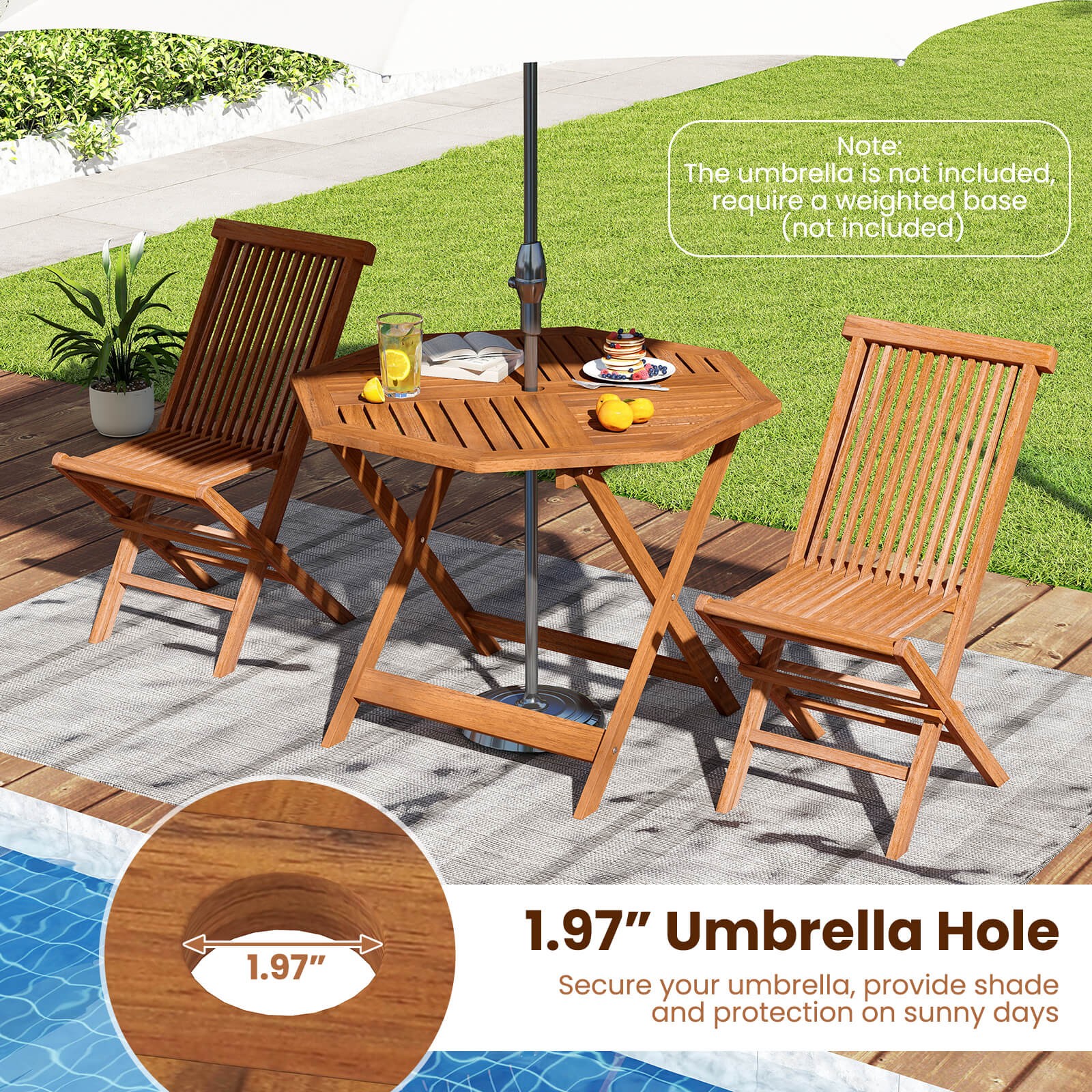 35.5” Solid Wood Patio Dining Table w/1.97” Umbrella Hole Slatted Tabletop