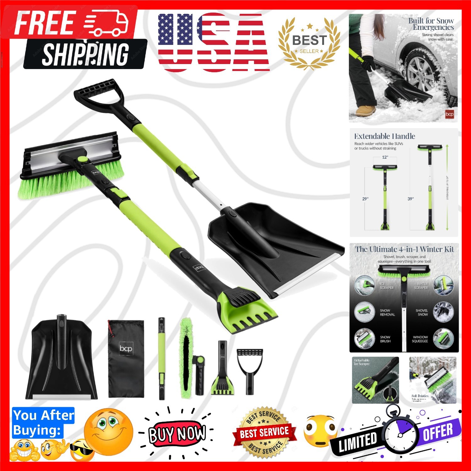 4 in 1 Snow Brush with Shovel, Squeegee & Ice Scraper, Up to 39" Extendable F...