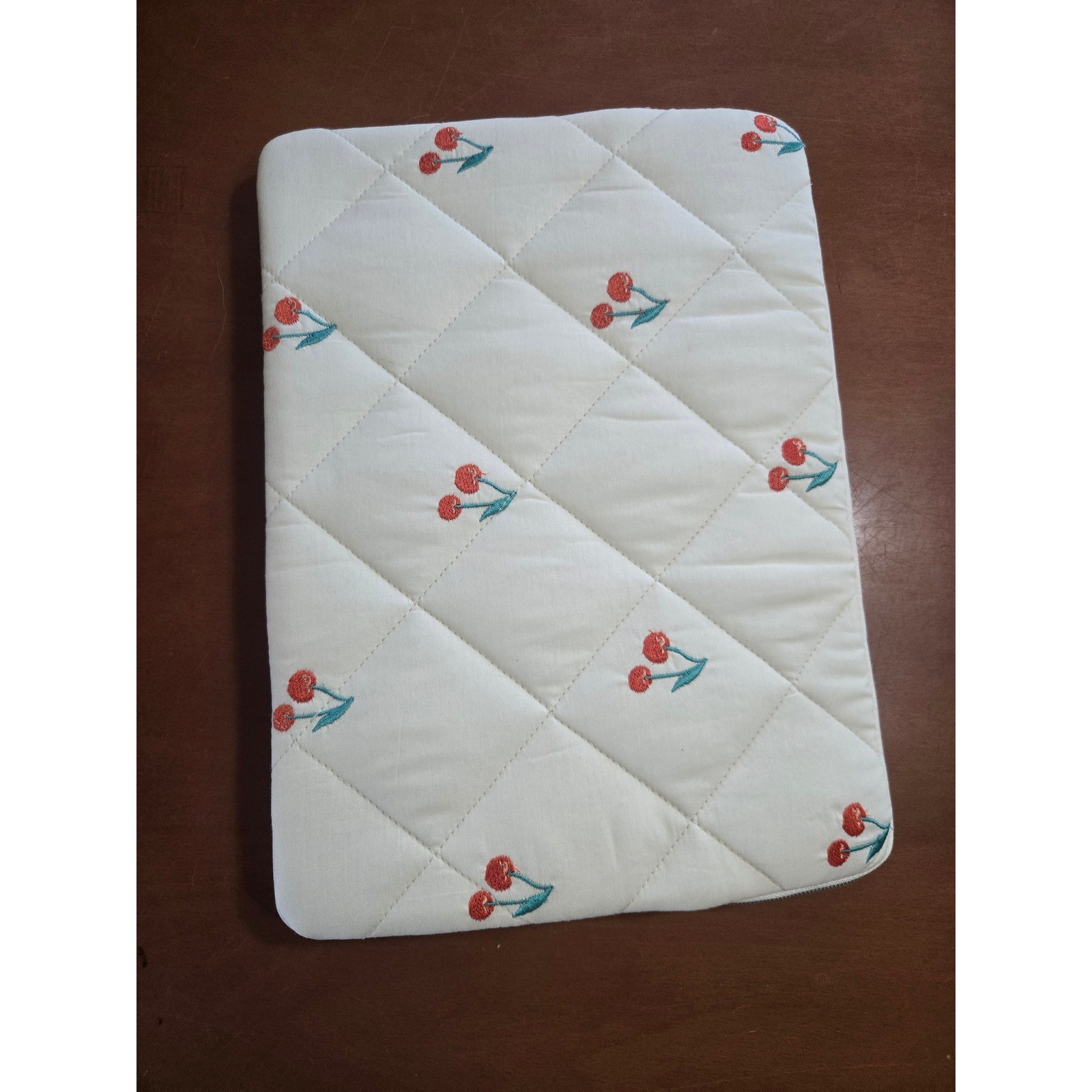 Quilted Cherry Embroidered Laptop Sleeve Case Cream Padded 14 Inch Zippered Bag