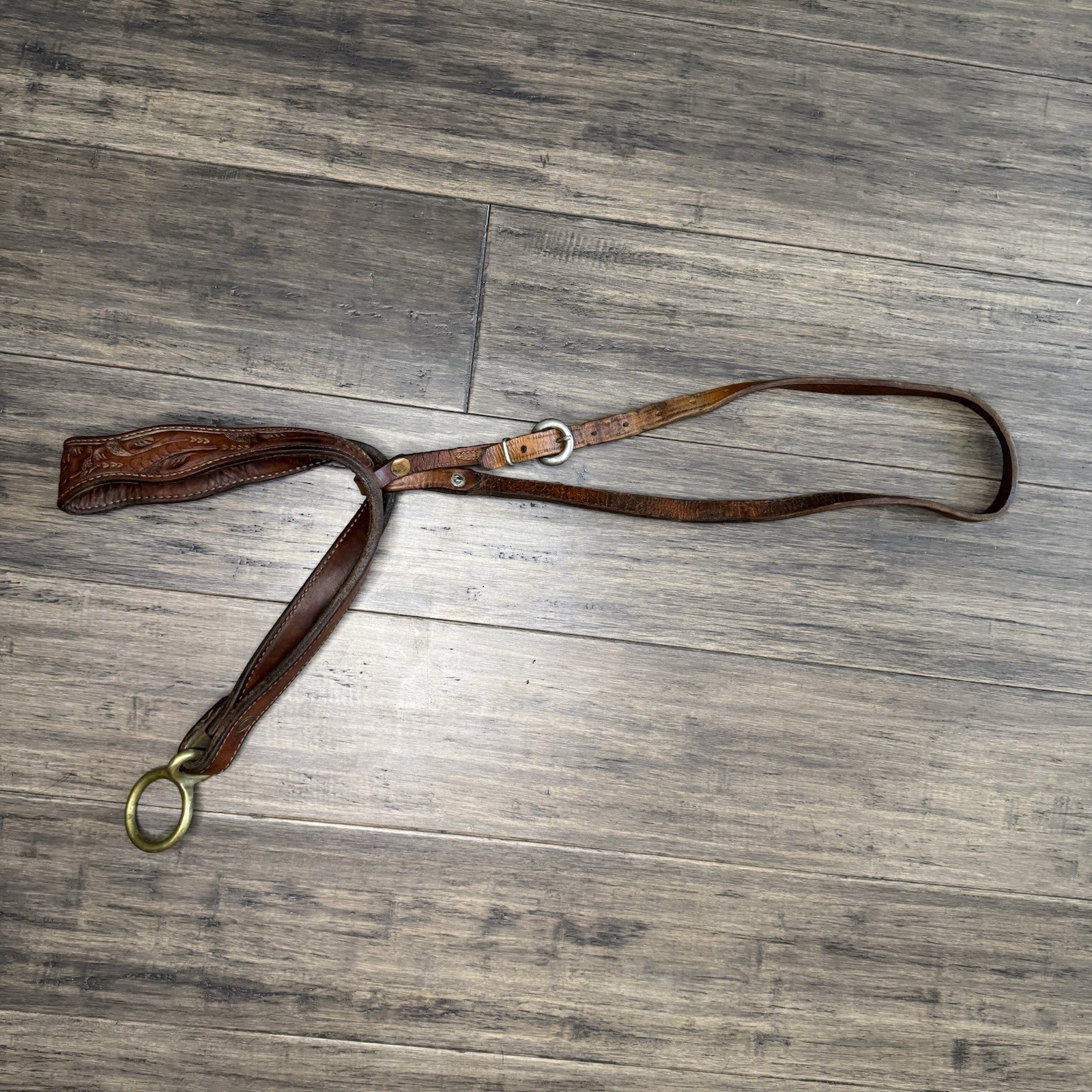 Vintage Tooled Leather Halter Horse Mule Chestnut Brown Brass
