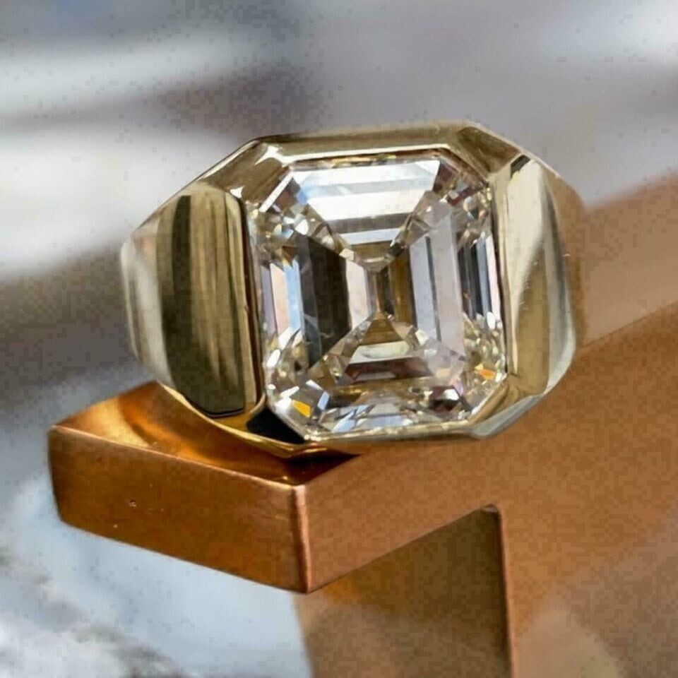 2 Ct Asscher Real Moissanite Men's Solitaire Wedding Ring 14K Yellow Gold Plated