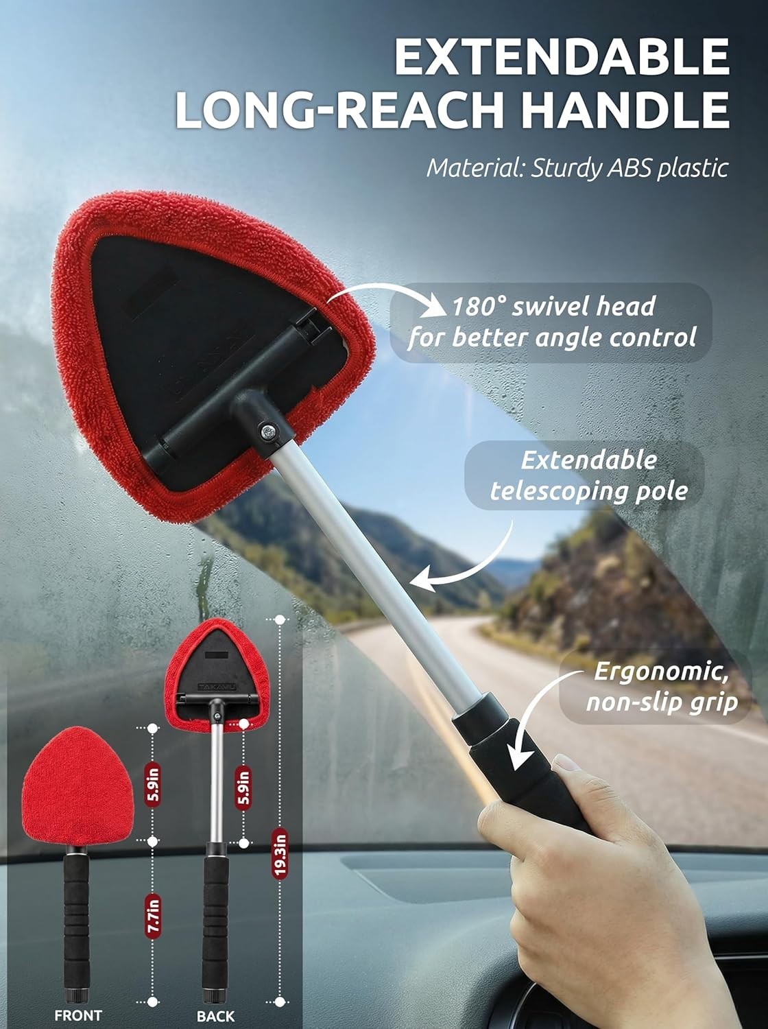 Windshield Cleaner Tool Extendable Long Handle Pivoting Head Microfiber Bonnets
