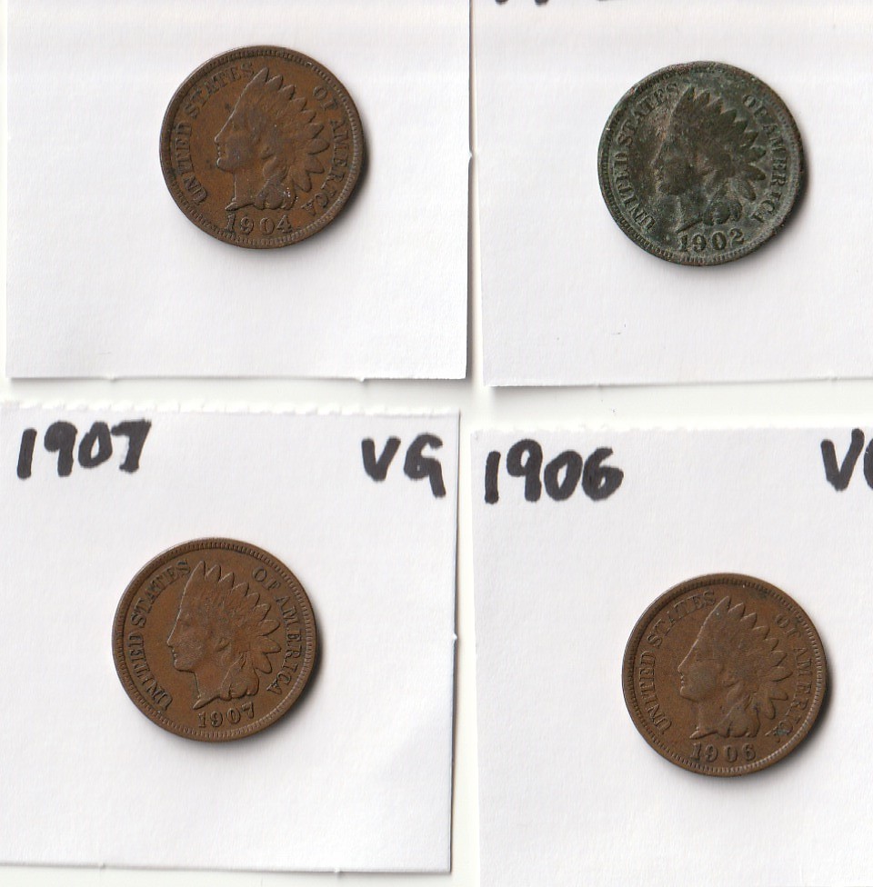 4 coin lot of Indian Head Cents (VG) 1902 1904 1906 1907