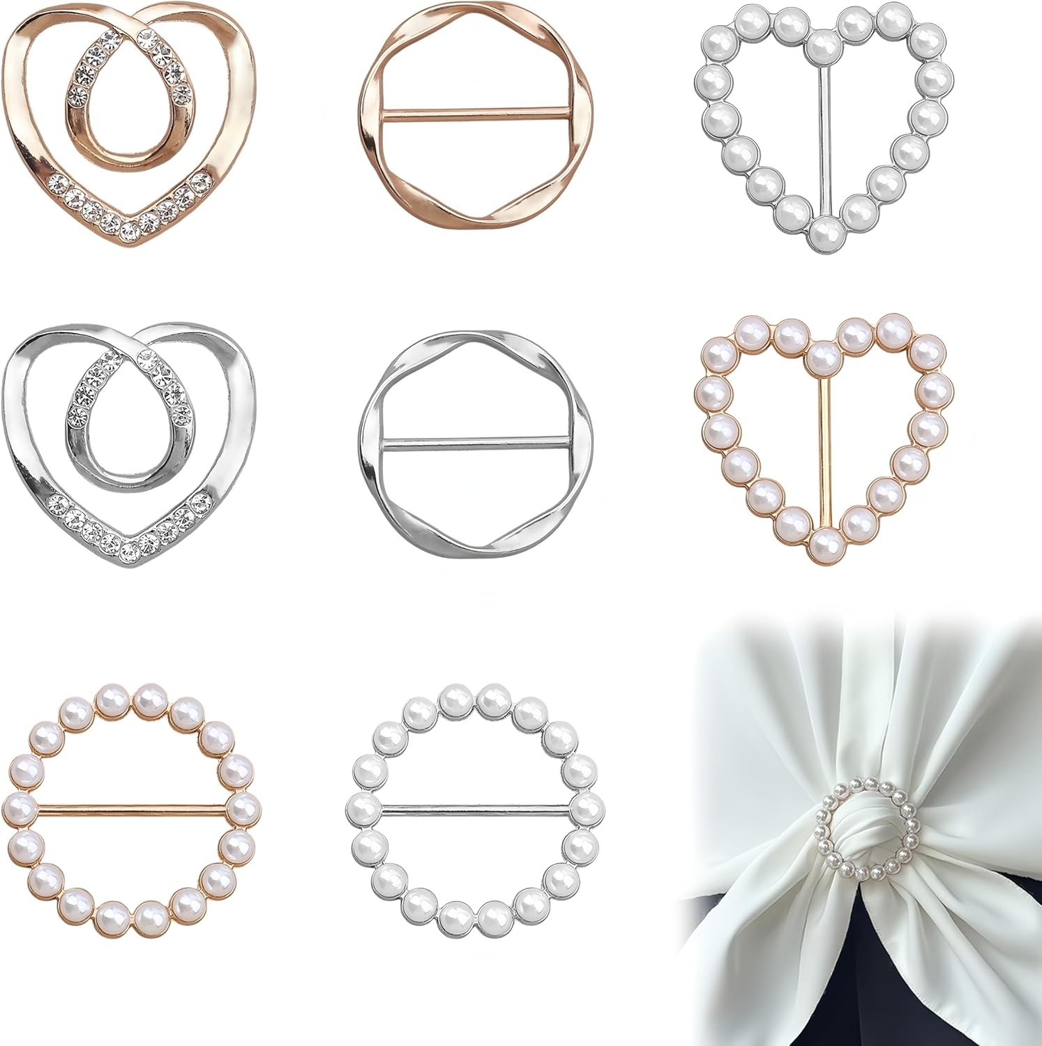 8PCS Silk Scarf Rings for Women Scarf Clip T-Shirt Tie Clips Fashion Metal Round