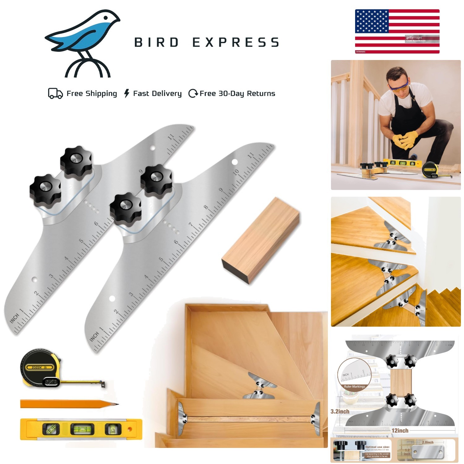 Stair Tread Template Tool Set with Level Tape Measure Carpenter Pencil