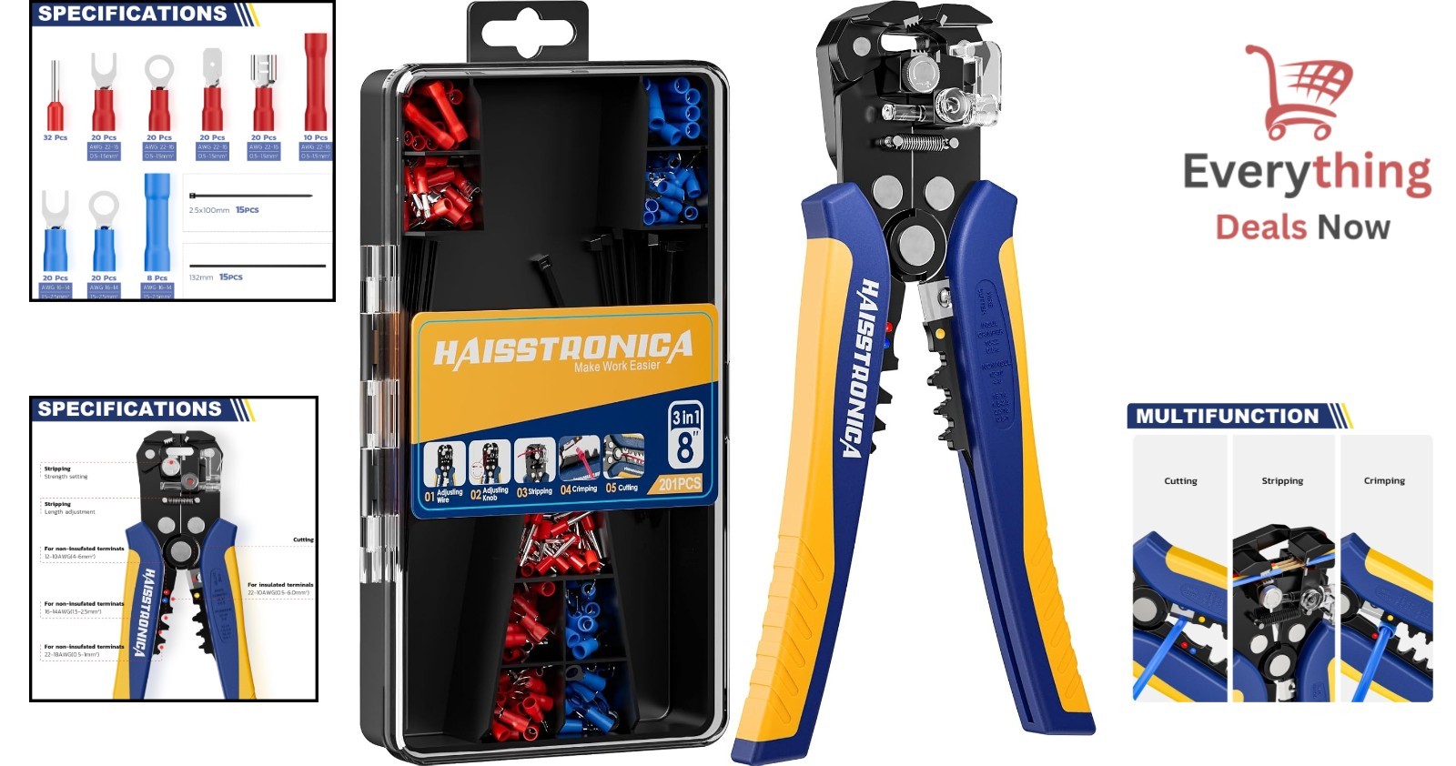201Pc Automatic Wire Stripper Kit Self Adjusting Crimper Tool Terminals Zip Ties