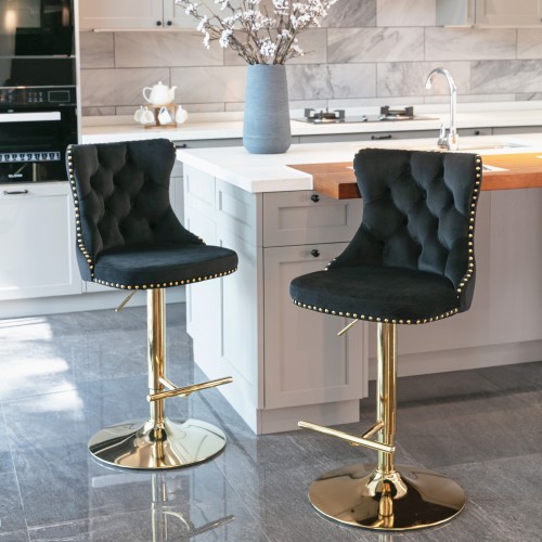 Golden Swivel Velvet Barstools Adjusatble Seat Height From 25-33 Inch Black