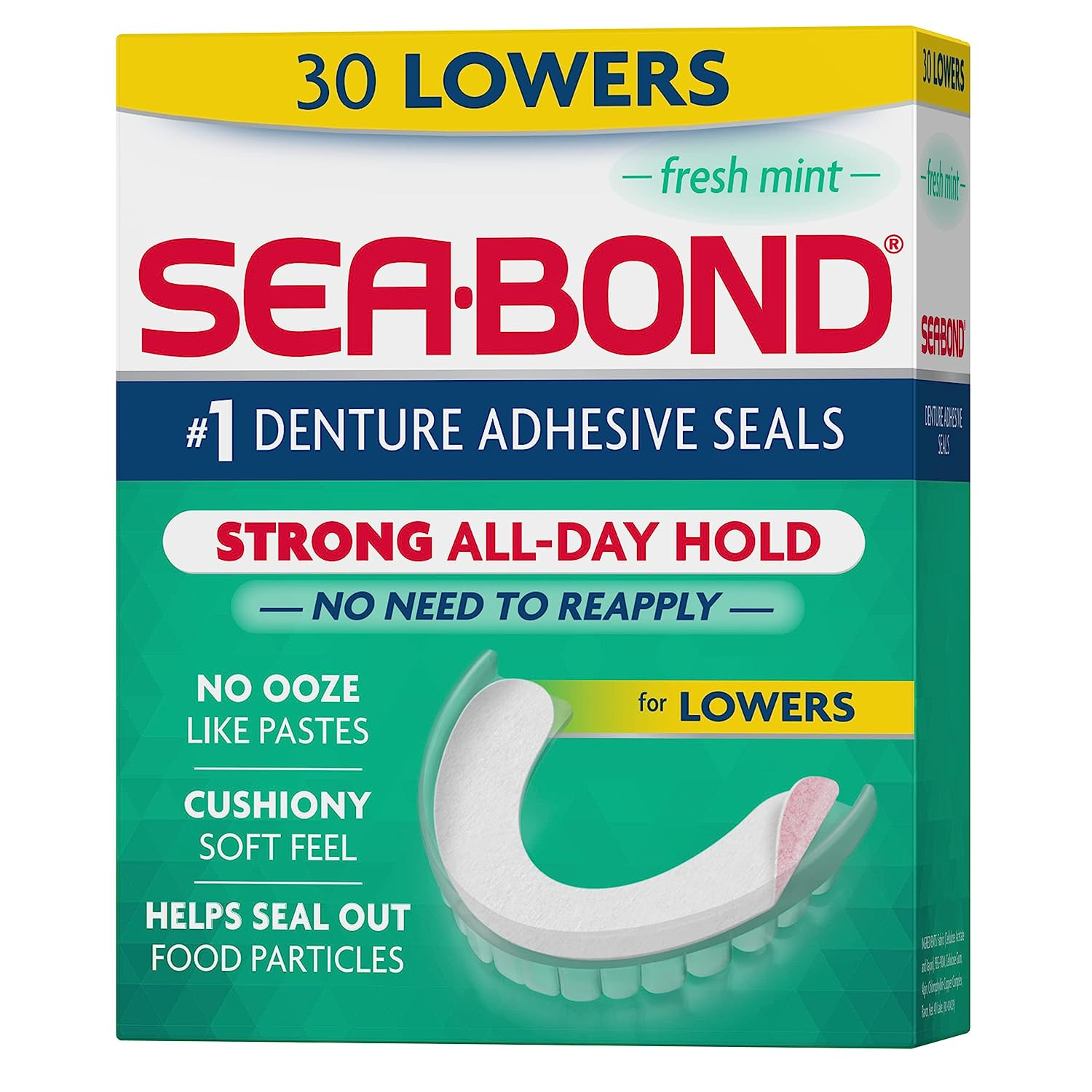 Secure Denture Adhesive Seals, Fresh Mint Lowers, Zinc-Free, All-Day-Hold, Mess-