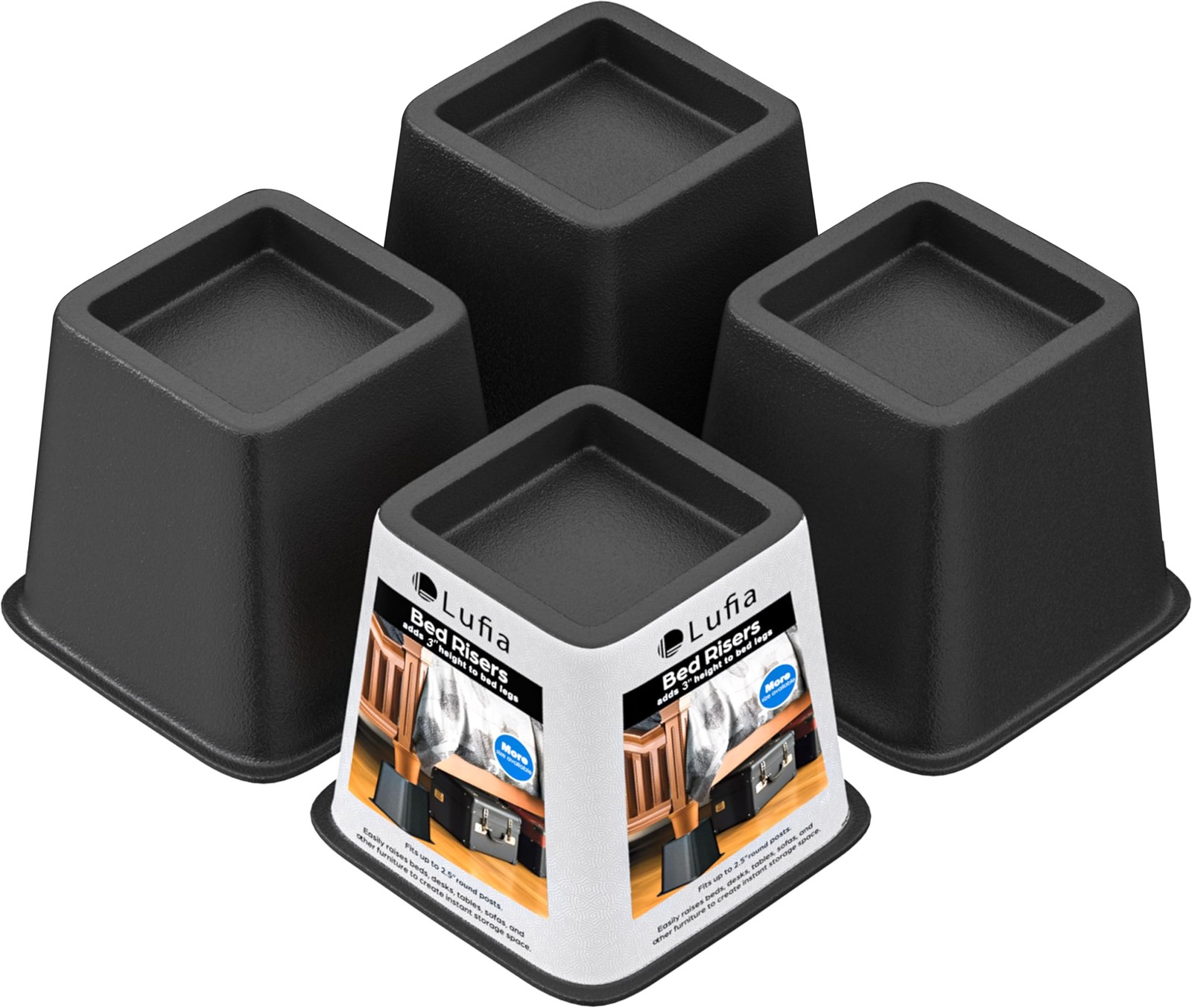 4 PCS Black 3 Inch Heavy Duty Stackable Bed Furniture Risers Sofa Desk Lift