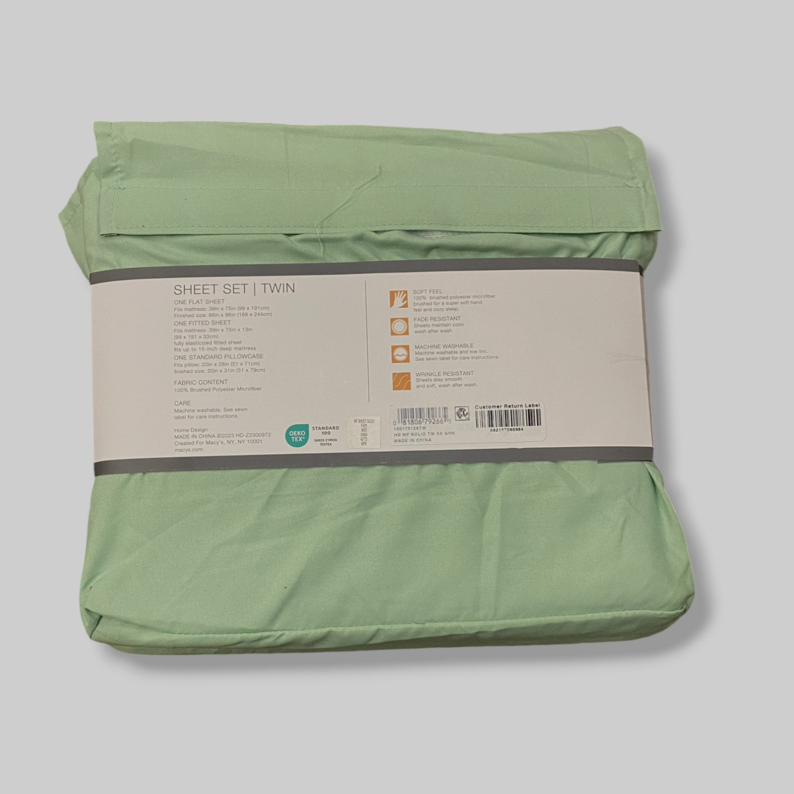 Home Design Green Easy Care Solid Microfiber Sheet 3-Piece Set, Twin Size