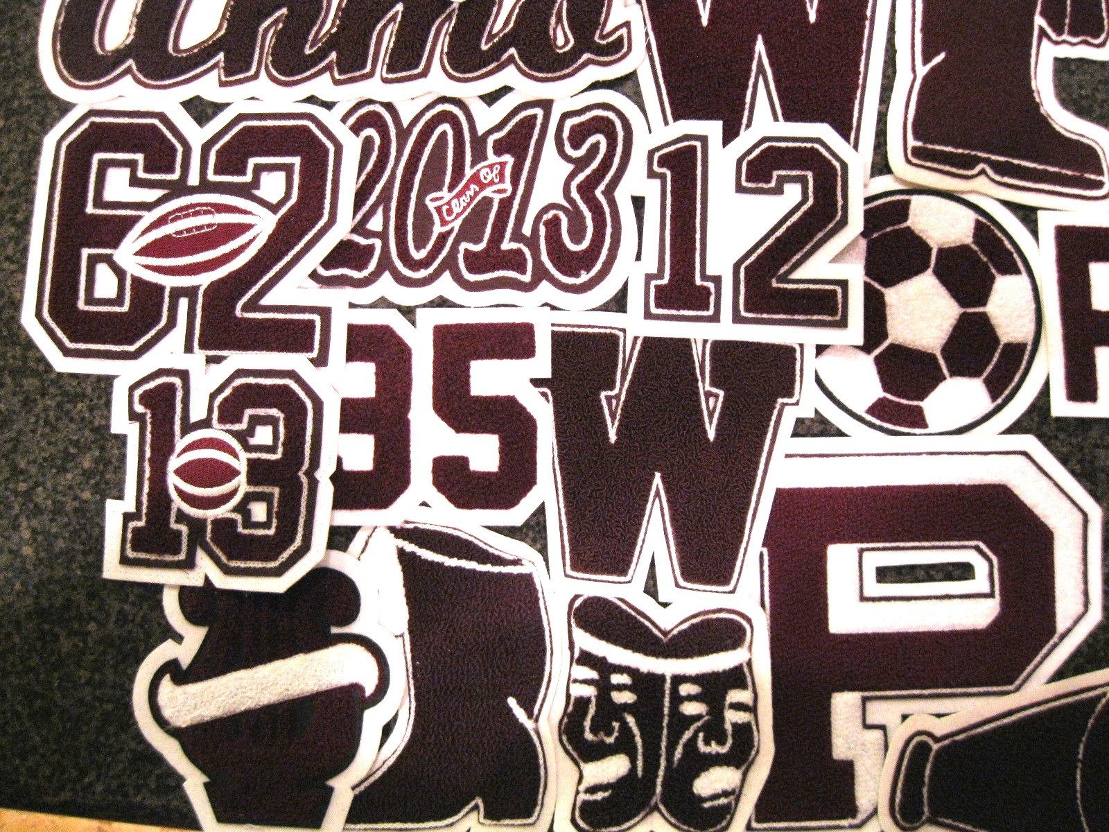 Maroon Chenille w/ White Felt Letterman Jacket Patches Crafts Sports
