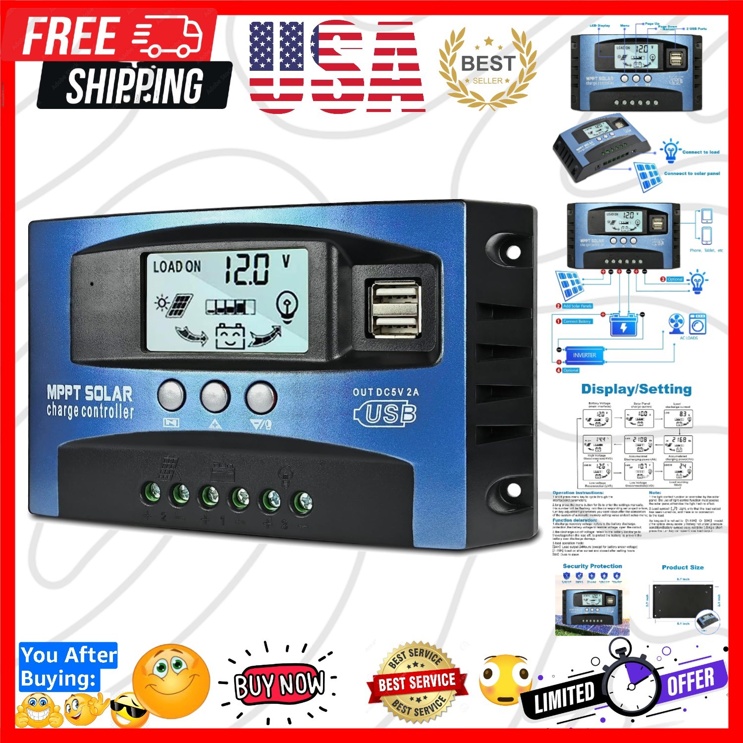 100A MPPT Solar Charge Controller, 12V/ 24V Solar Panel Battery Intelligent R...