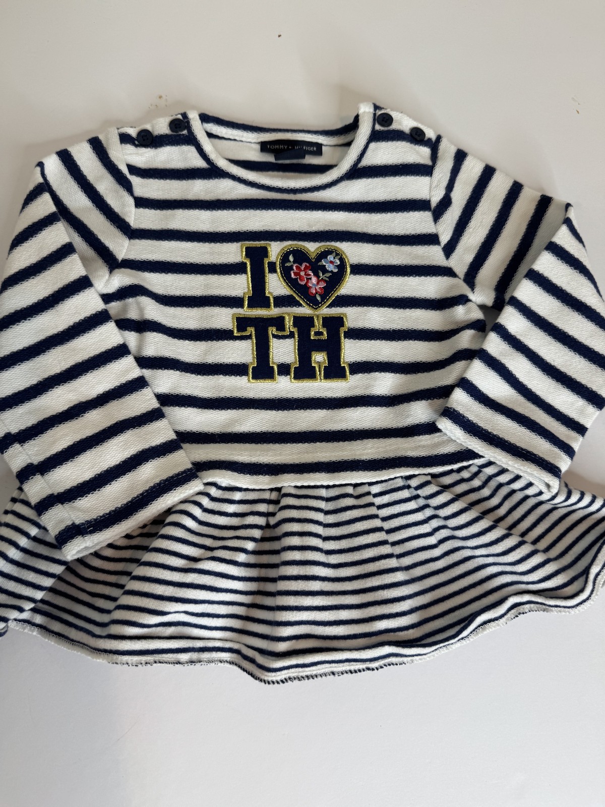 Tommy Hilfiger Baby Dress 12M Navy White Striped Long Sleeve Heart Logo Cotton