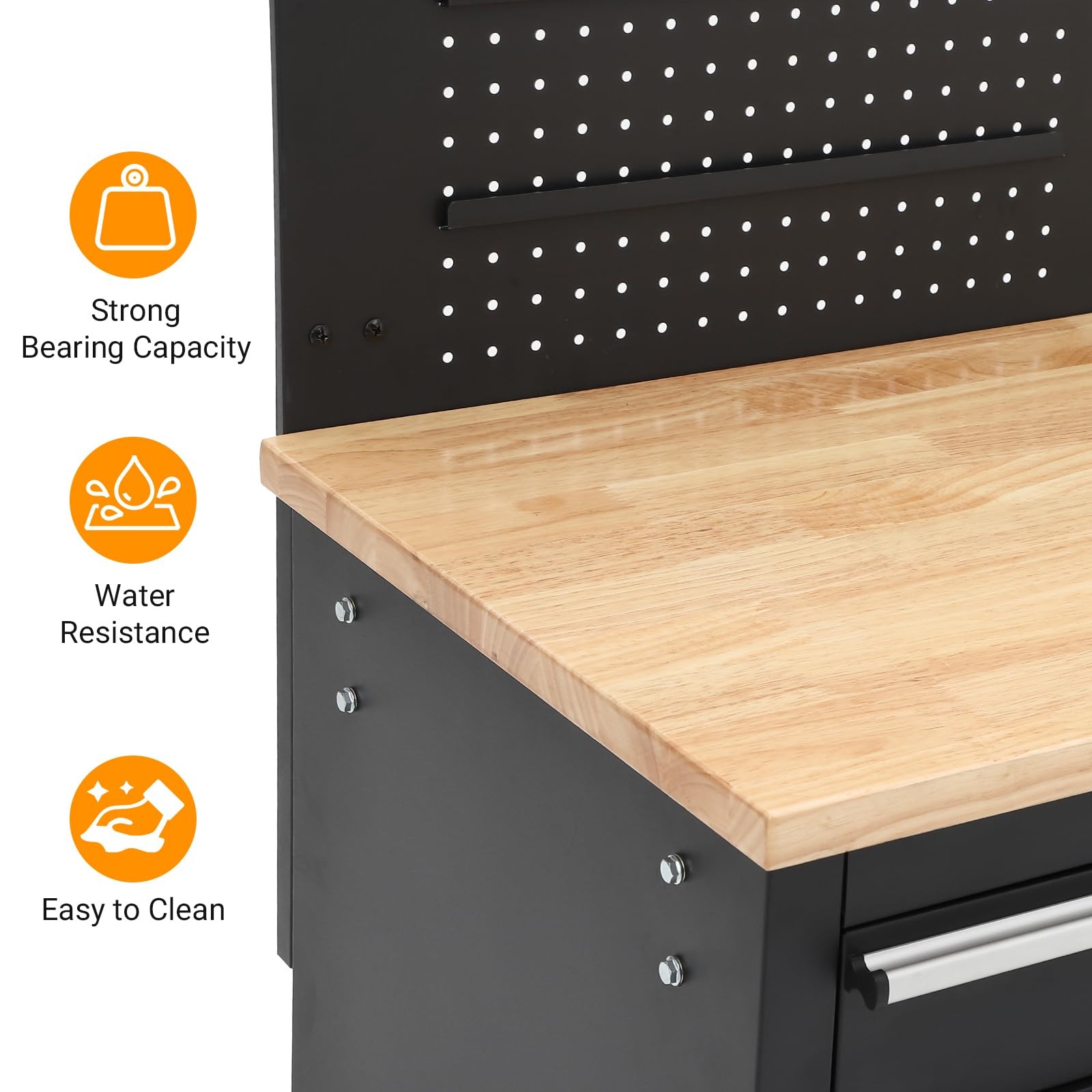 Rolling Tool Chest 61", 10 Drawers, Power Outlet, Solid Rubber Wood Top