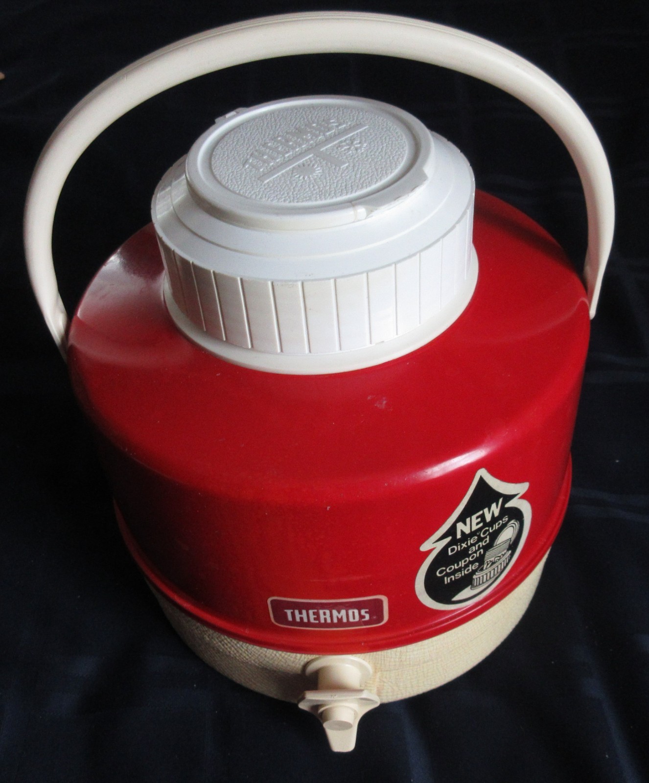 Vtg Thermos Jug Cooler Dixie Cup Caddy in Screw-top Lid 1965 Styrofoam Bottom