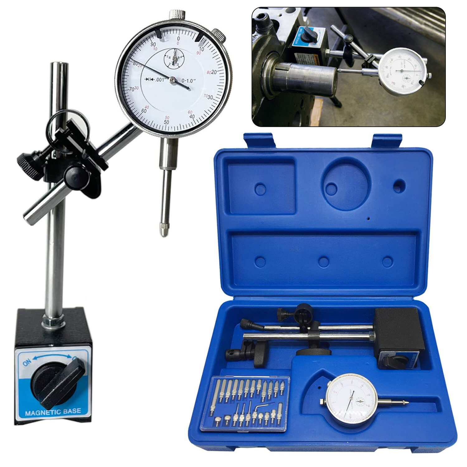 Precision Dial Indicator with Magnetic Base Holder Fine Adjustable Long 0.01"