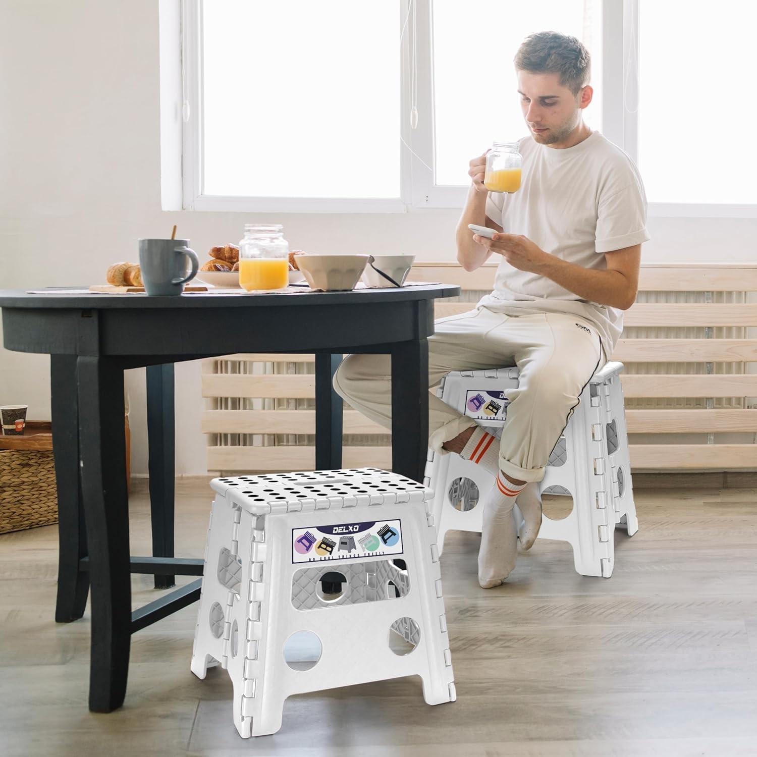 Delxo 13" Folding Step Stool for Kids and Adults, Non-Slip 13 Inch, White